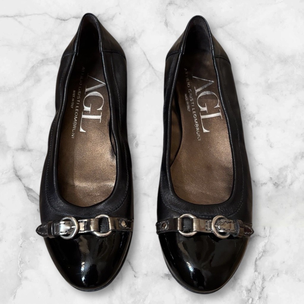 Agl Monika Cap Toe Ballet Black Flat 6.5 Us Women’s Leather Made In Italy